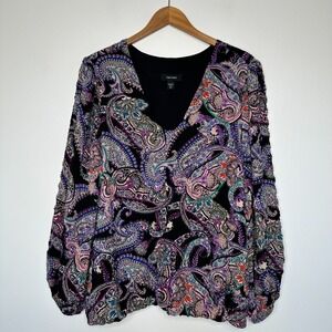 Karen Kane Balloon Sleeve Blouse Size 2X Black Paisley V Neck Boho Artsy